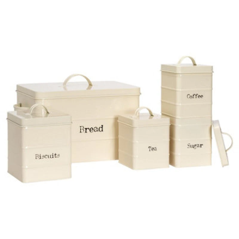Image of Harbour Housewares 5 Piece Kitchen Canisters Set - Cream - Vintage Metal Storage Caddy Tin Jar