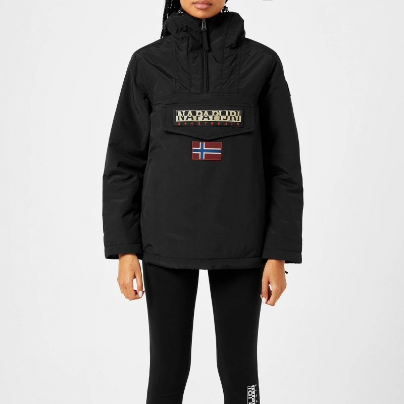 Image of Napapijri Womens Rainforest Water Resistant Hooded Cropped Long Sleeve Rain Anorak Black female 12 (M)