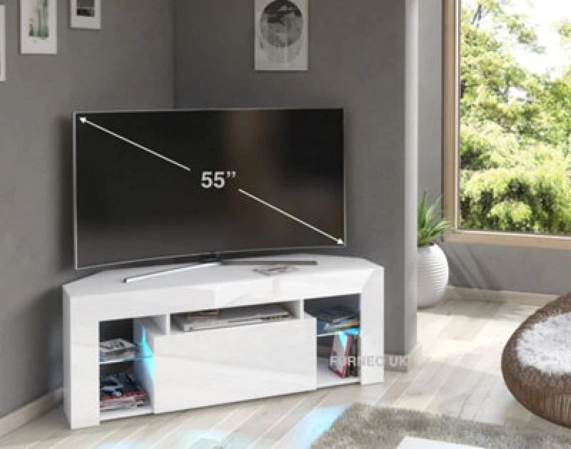 Image of Furneo White Corner TV Stand 125Cm Unit Cabinet Matt & High Gloss Milano 05 Blue LED Lights