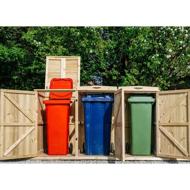 Image of Buttercup Farm Chatburn Triple Wheelie Bin Store, Timber - Fits 3 x 140L Wheelie Bins in Light Tan Light Tan Unisex