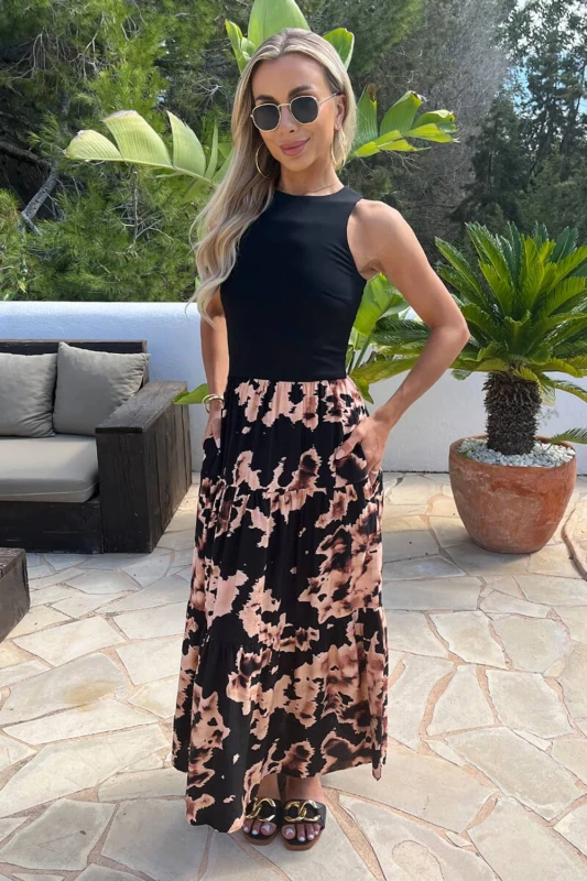 Image of AX Paris Womens Black Abstract Print 2 In 1 Smock Midi Dress Size: 8 Black Female 8