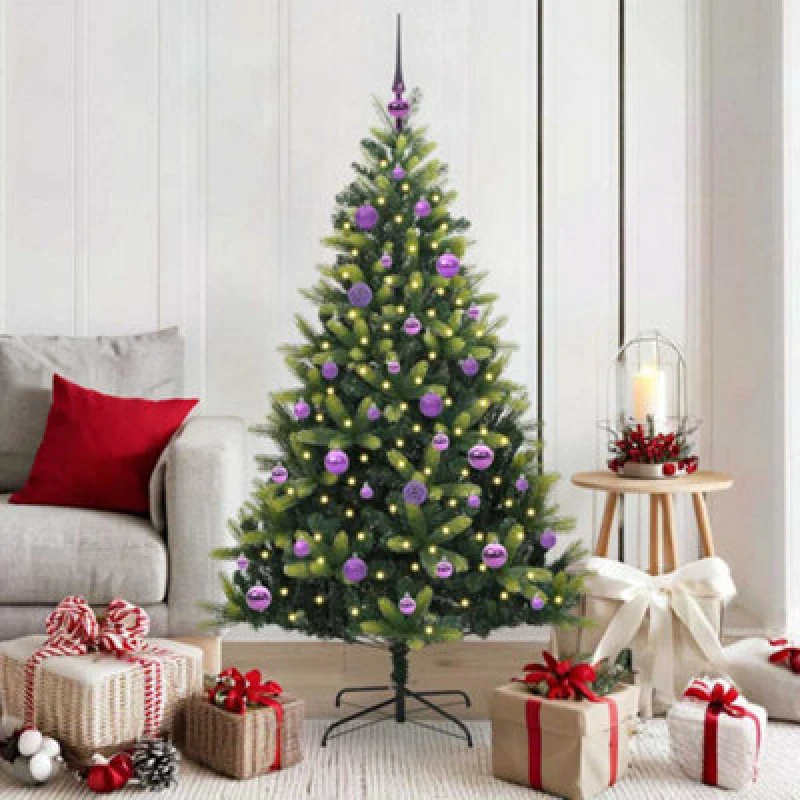Image of vidaXL Artificial Hinged Christmas Tree 150 LEDs, Lilac Balls Green 150 cm, Green 3395988