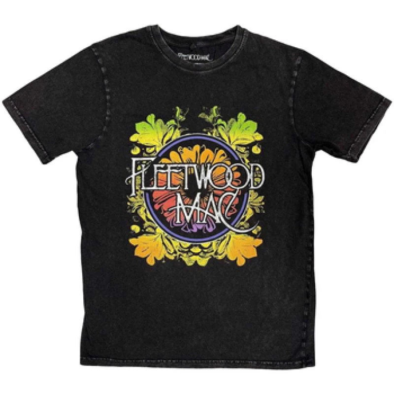 Image of Fleetwood Mac Mens Circle Floral Stone Wash Logo T-Shirt in Black Size: XL Black Male XL
