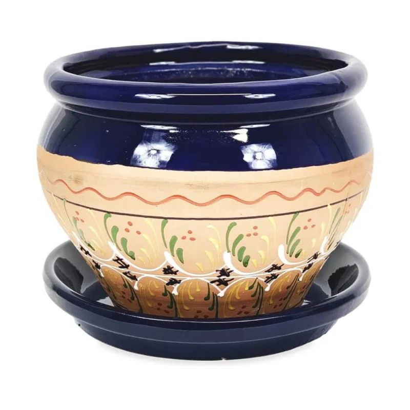 Image of Verano Spanish Ceramics Inca Hand Painted Outdoor Garden Bola Plant Pot & Drainage Plate (D) 25cm in Blue Blue Unisex