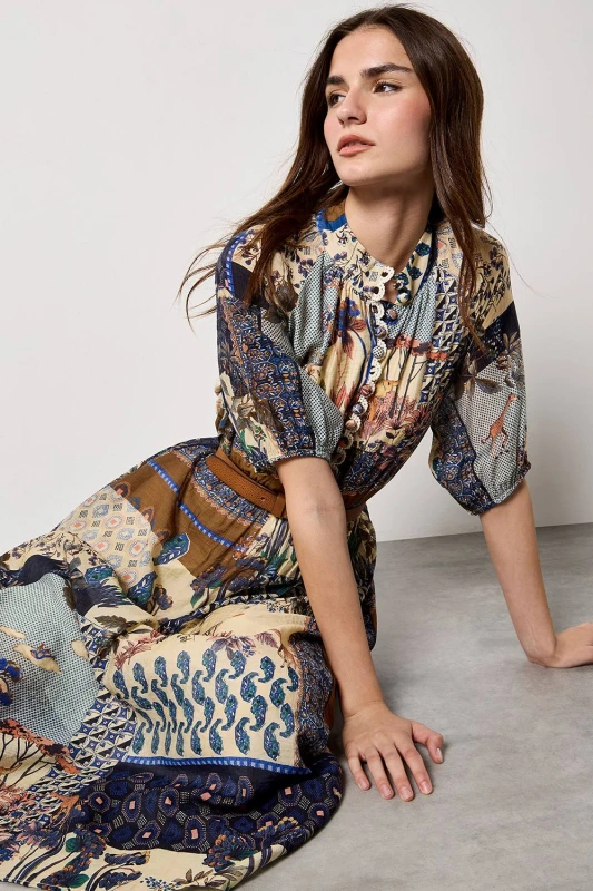 Image of Apricot Womens Patchwork Print Midi Dress Size: 10 Multicolor Female 10
