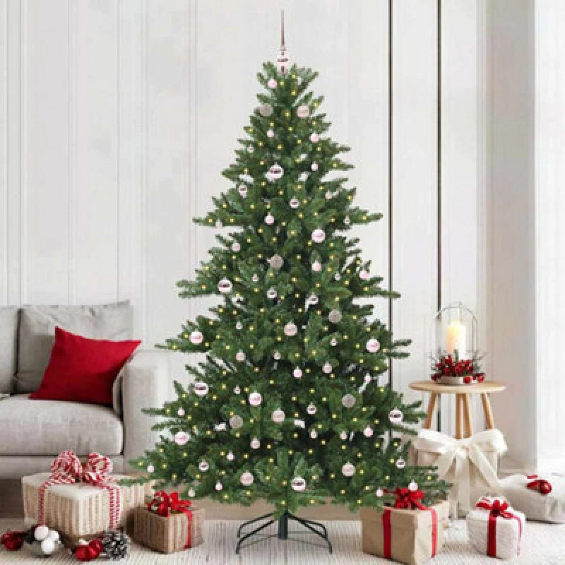 Image of vidaXL Artificial Hinged Christmas Tree with 300 LEDs, Pink Balls 210cm PVC, Green 3397681