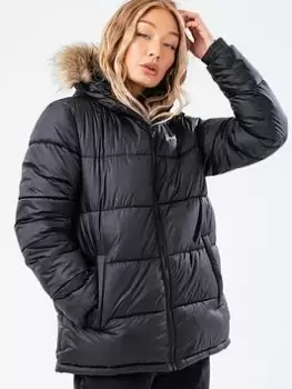 image of Hype Faux Fur Trim Padded Jacket - Black, Size 6, Women