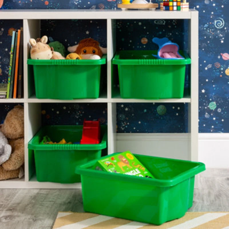 Image of Wham Stack & Store 4X 16L Plastic Storage Boxes. Ideal For Toys, Classrooms & Playrooms. Integrated Handles. Green