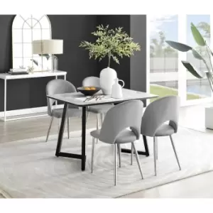 Image of Furniturebox Carson White Marble Effect Recatngular 120cm Dining Table & 4 Grey Arlon Silver Leg Velvet Chairs