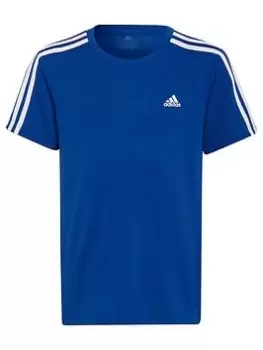 image of adidas Boys 3 Stripe T-Shirt - Blue/White, Size 7-8 Years