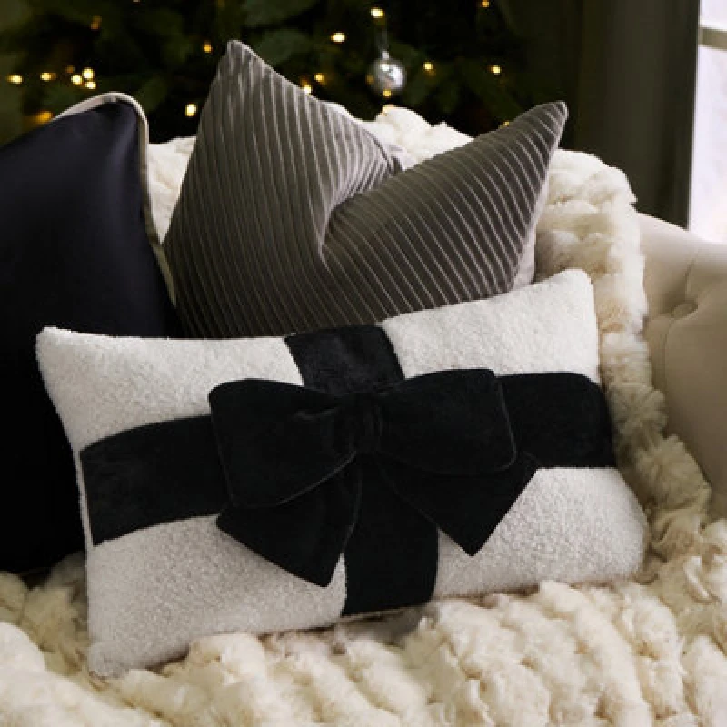 Image of OHS OHS Bow Wrapped Boucle Throw Pillow Scatter Cushion in Black One Size Unisex 5027434226863