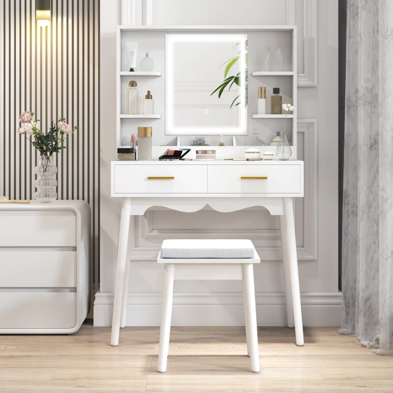 Image of HOMCOM HOMCOM Dressing Table with LED Lighted Mirror and Cushioned Stool White White One Size Unisex 5063603766525