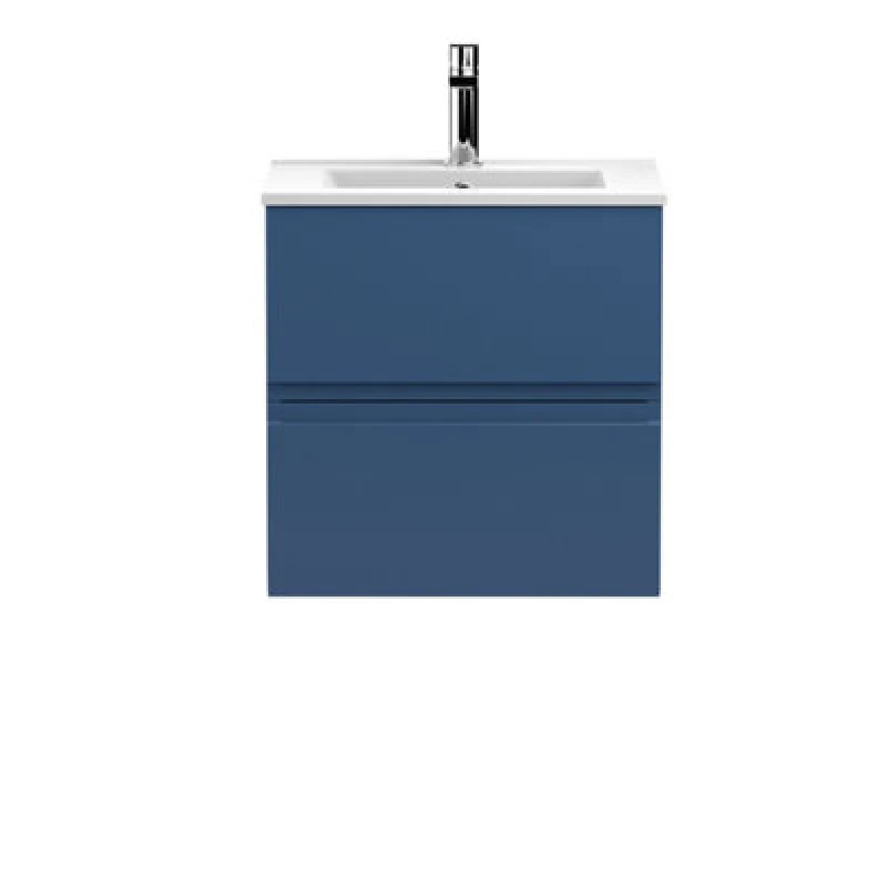 Image of Nuie Hudson Reed Urban Wall Hung 2 Drawer Vanity Unit With Minimalist Ceramic Basin, Modern Bathroom Furniture In Satin Blue, 500mm