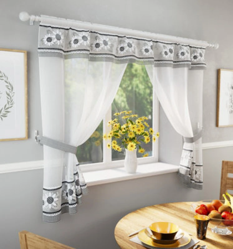 Image of Tyrone Textiles Floral Embroidery Kitchen Curtains Window Sets with Matching Tie Backs Black