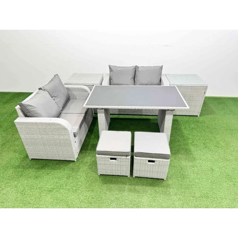Image of Fimous 7 Pieces Outdoor PE Rattan Sofa Set with 2 Side Tables 2 Small Stools in Light Grey Light Grey Unisex