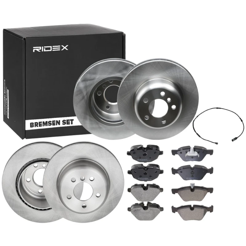 Image of RIDEX 3405B1646 Brake disc and pads set without accessories, Rear Axle, Brake Disc Type: internally vented, prepared for wear warning indicator, with