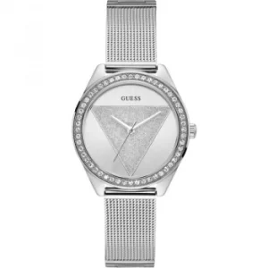 image of GUESS Ladies silver watch with silver glitz logo dial.