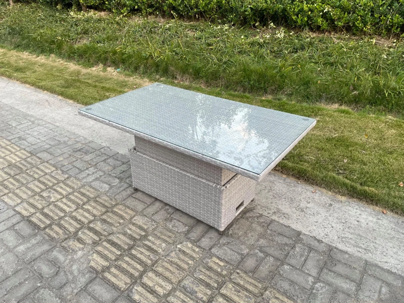 Image of Fimous Rattan Garden Furniture Adjustable Rising Dining Coffee Table In Light Grey Mixed With Clear Tempered Glass Semi Assembled Light Grey