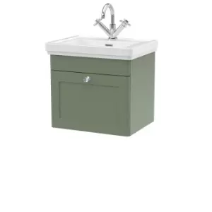 image of Nuie Classique 500mm Wall Hung 1-drawer Unit & Basin 1 Tap Hole - Satin Green