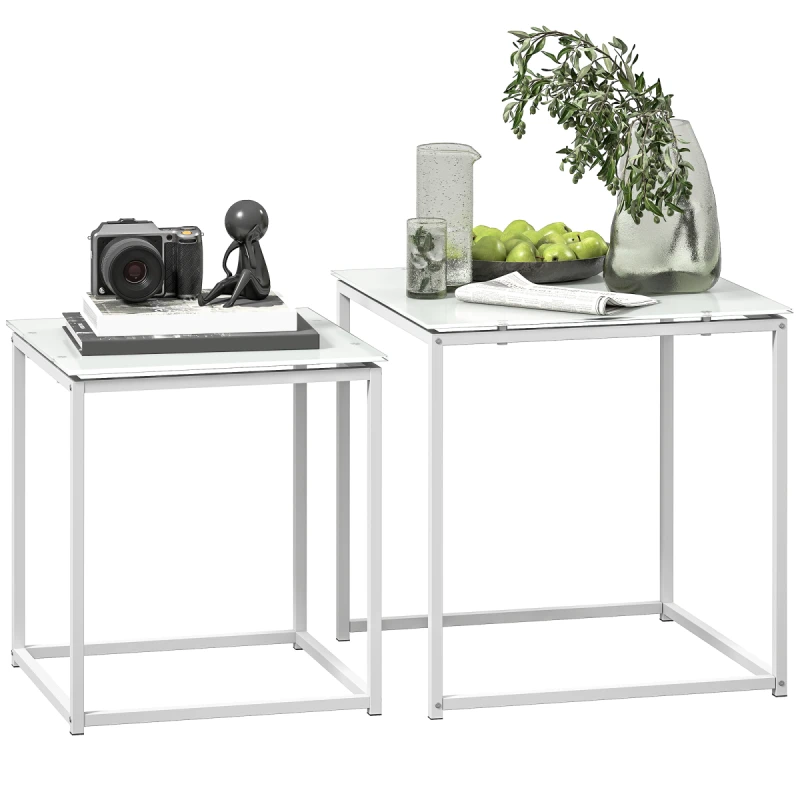 Image of HOMCOM Nest of 2 Side Tables Set of Bedside Tables for Living Room White 839-245V00WT