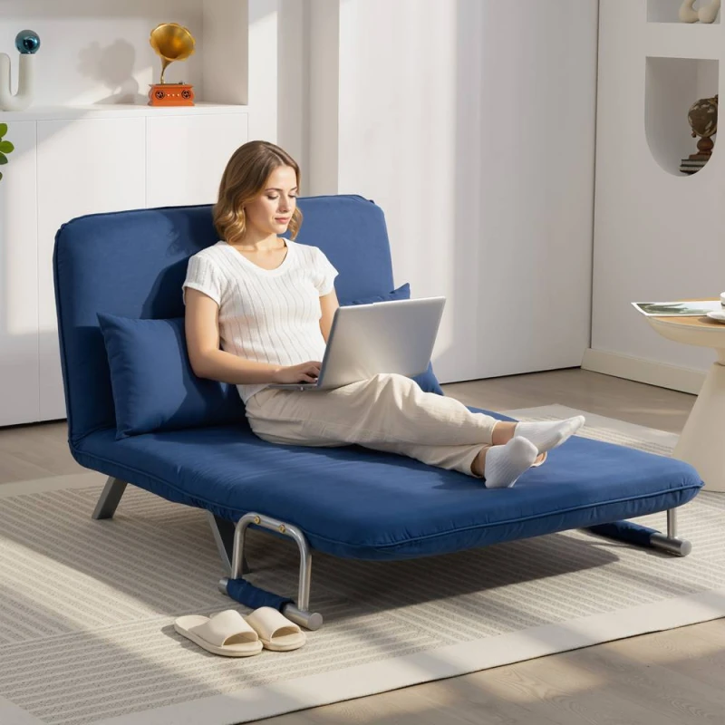 Image of HOMCOM Fabric Sofa, Convertible 2 Seater Sofa Bed w/ Pillows, Dark Blue Dark Blue Unisex 2 Seater