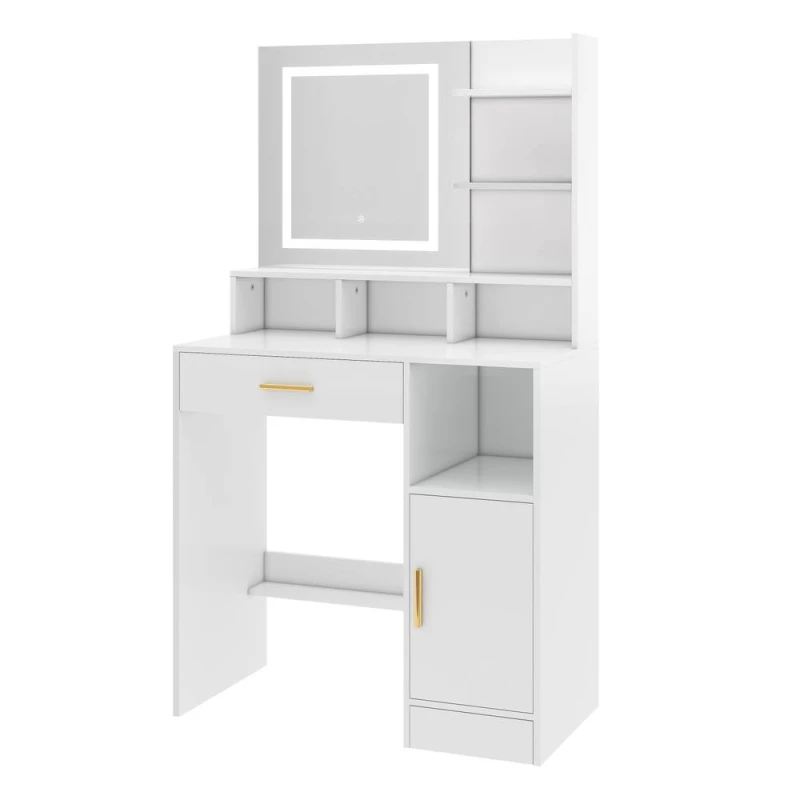 Image of MCC Direct Womens Dressing Table with Adjustable LED Mirror Make up Desk & Storage in White White Female