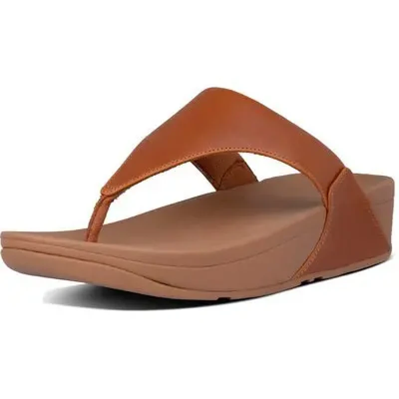Image of FitFlop Lulu Toe Post Leather Womens Wedge Sole Sandals - Light Tan - Size:UK 5