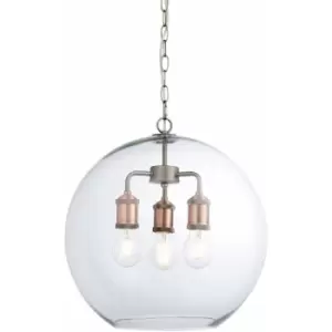 image of Industrial 3 Light Ceiling Pendant Aged Pewter & Copper Plate Clear Glass Shade