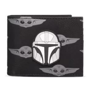 image of STAR WARS The Mandalorian Helmet Badge with Grogu All-over Print Bi-fold Wallet, Male, Black (MW033425STW)