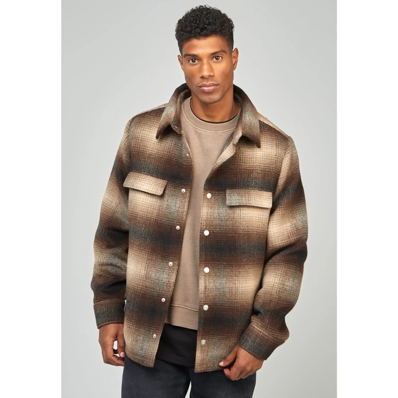 Image of SikSilk Printed Logo Check Overshirt - Brown Brown S