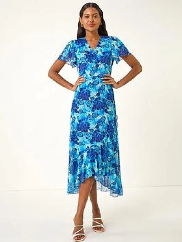 Image of Roman Womens Floral Frill Mesh Stretch Dress in Blue Size: 14 Blue Female 14