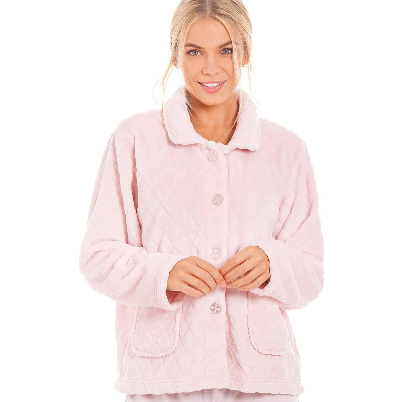 Image of Camille Classic Supersoft Diamond Print Button Up Bed Jacket Light Pink