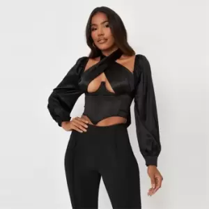 image of Missguided Satin Wrap Around Corset Top - Black