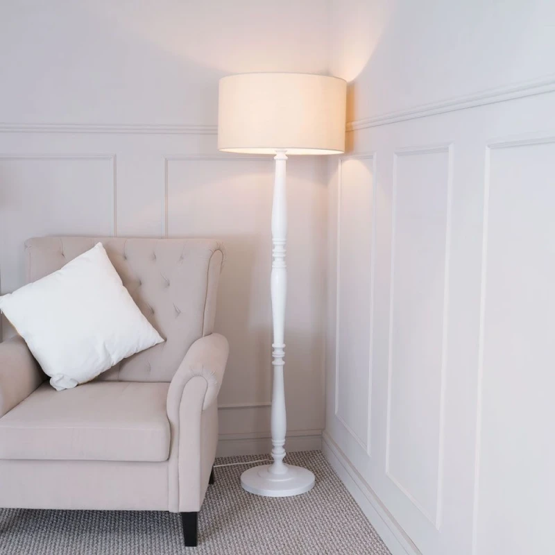 Image of ValueLights Victoria White Wood Traditional Stem Floor Lamp with Fabric Drum Shade Natural