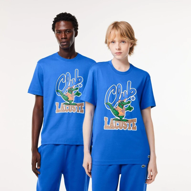 Image of Lacoste Relaxed Fit Signiature Print T-Shirt Blue male XS