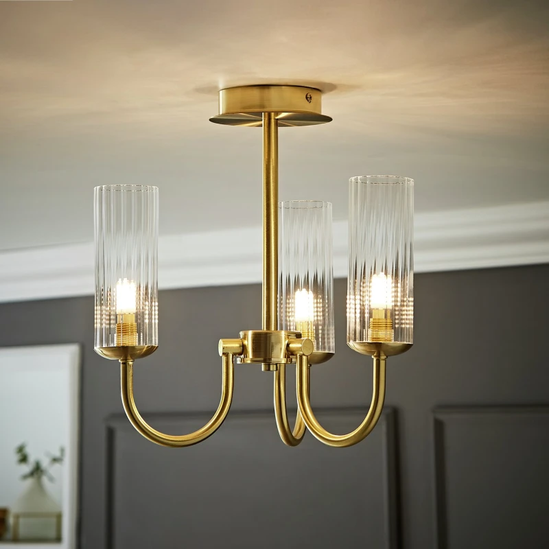 Image of ValueLights ValueLights Canya 3 Way Ribbed Glass Chandelier Style Ceiling Light in Gold Gold One Size Unisex 5016529274179