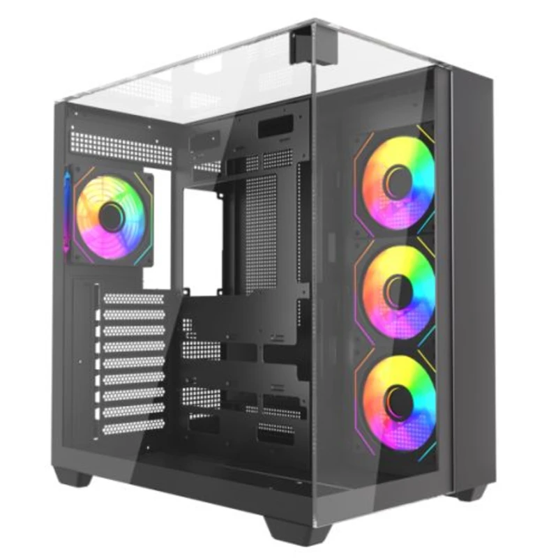Image of VIDA Vida Visio Black ARGB Gaming Cube Case w/ Glass Side Front & Top ATX 4x ARGB Fans 6-Port Fan Hub & Remote Control USB-C Asus BTF Compatib