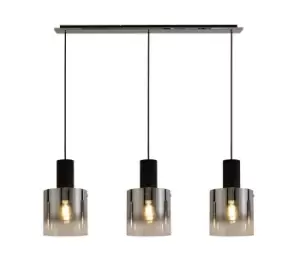 Image of Linear Ceiling Pendant, 3 Light Adjustable E27, Black, Smoke Fade Glass