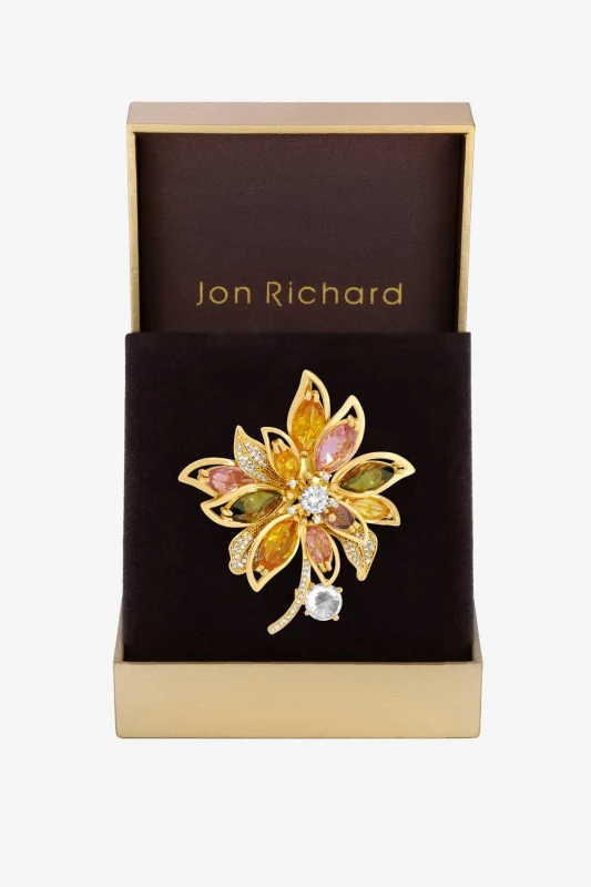 Image of Jon Richard Womens Gold Plated Multi Coloured Floral Brooch - Gift Box Gold Female One Size
