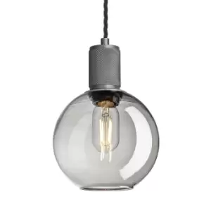 image of Industville Knurled Tinted Glass Globe Pendant Light in Smoke Grey with Pewter Holder / Small