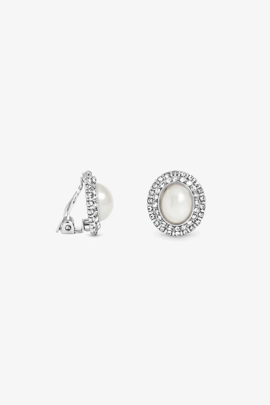 Image of Jon Richard Womens Rhodium Plated Pearl & Crystal Clip Earrings in Silver Silver Female One Size