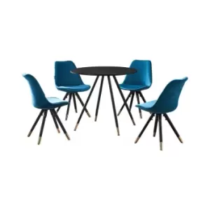 Image of 5 Pieces Life Interiors Sofia Dorchester Dining Set - a Black Round Dining Table and Set of 4 Blue Dining Chairs - Blue