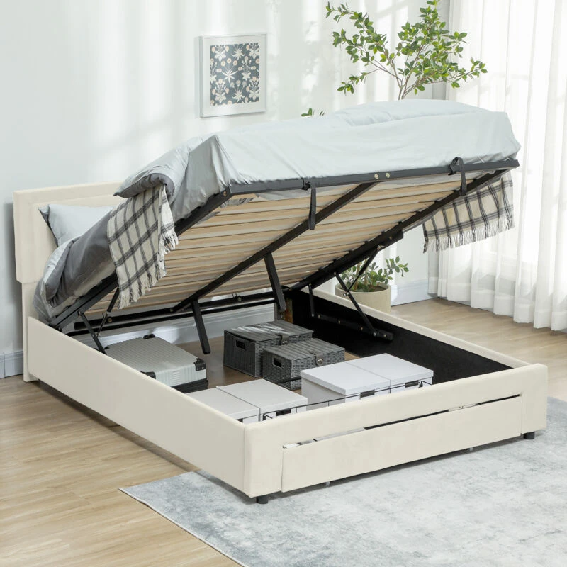 Image of HOMCOM Double Bed Frame with Storage and Adjustable Velvet Headboard, Cream - Homcom 5063603058248