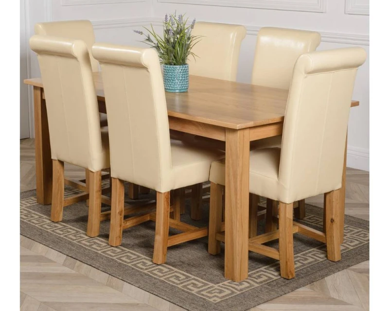 Image of Thats Furniture Oslo 150 x 90cm Medium Oak Dining Table & 6 Washington Leather Chairs in Cream Cream Unisex 150 x 90 cm
