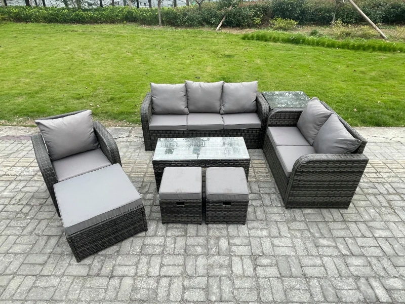 Image of Fimous 9 Seater High Back Rattan Garden Furniture Set with Loveseat Sofa Rectangular Coffee Table Side Table 3 Footstools Outdoor Patio Lounge Sofa Se