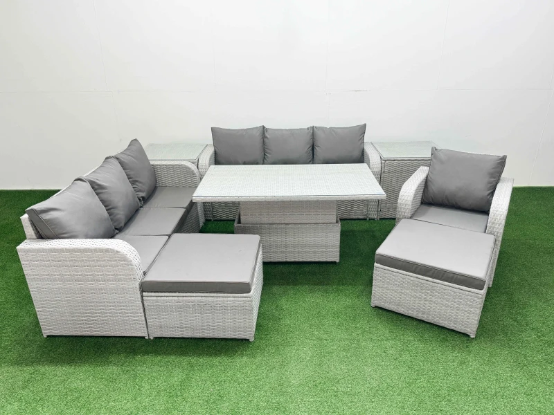 Image of Fimous 9 Seater Poly Rattan Outdoor Garden Furniture Adjustable Lifting Dining or Coffee Table Sofa Set 2 Big Footstools 2 Side Table