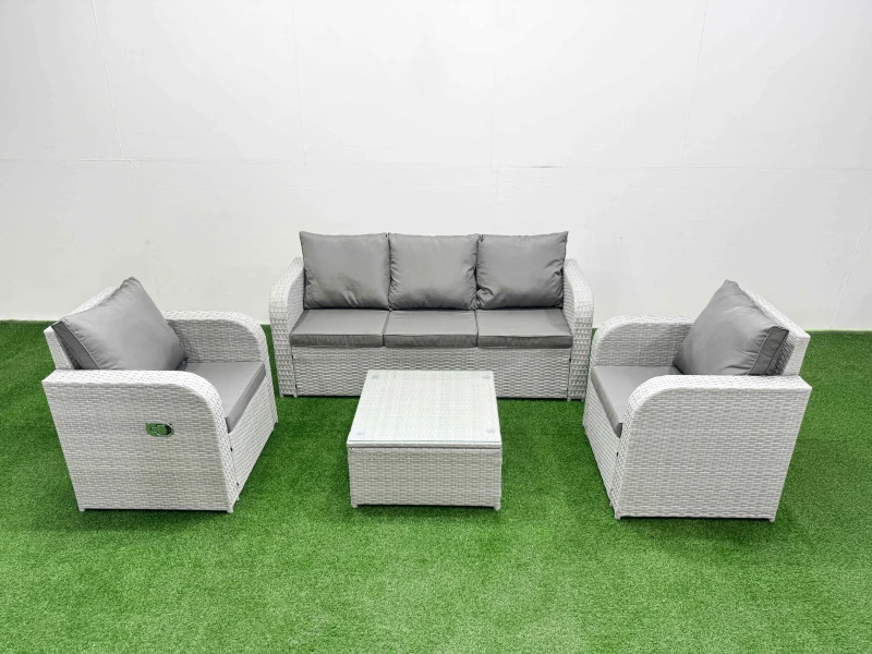 Image of Fimous PE Rattan Garden Furniture Set Reclining Chair Sofa Lounge Sofa Set Square Coffee Table Light Grey Light Grey