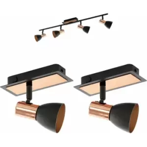 image of Quad Ceiling Light & 2x Matching Wall Lights Black & Copper Adjustable Trendy