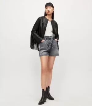 Image of AllSaints Womens Palmer High-Rise Paperbag Denim Shorts, Snow Black, Size: 30