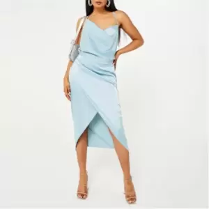 Image of Missguided Tall Asymmetric Cowl Neck Satin Midi Dress - Blue